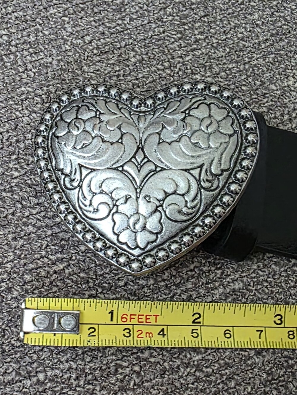 New Silver heart Floral belt buckle & 40.55" black PU leather belt